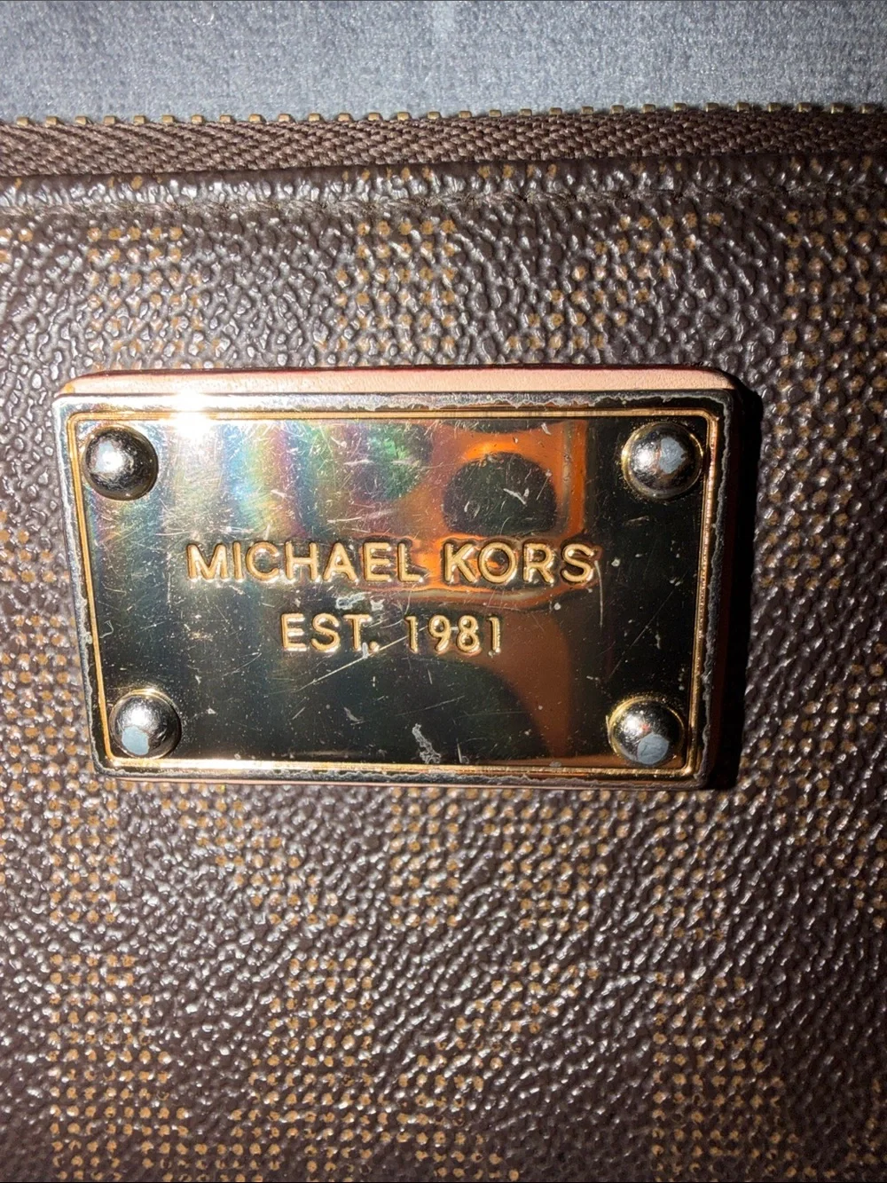 Michael Kors Dark Brown Signature Zip Wallet with Gold Plaque